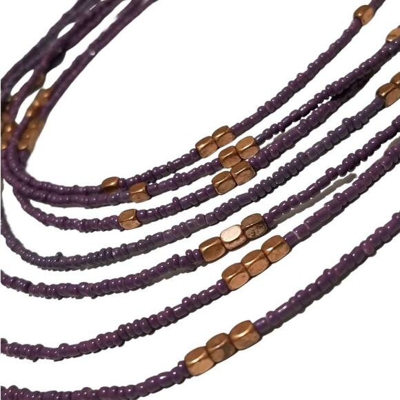 VINTAGE Seven Strand Layered Statement Necklace Purple + Square Copper Beads - Picture 2 of 4